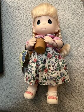 Precious Moments Blonde Doll in Floral Pink and Cream Dress